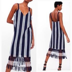 Zara crochet midi dress sz S blue white fringe hem Blogger Favorite Lined